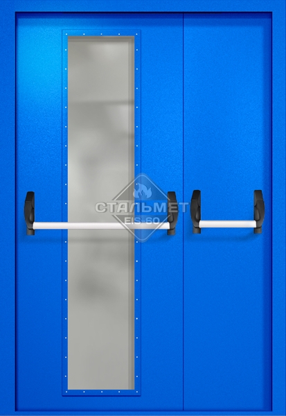Полуторапольная противопожарная дверь EIW-60 RAL 5005, длинное узкое стекло, две ручки антипаника