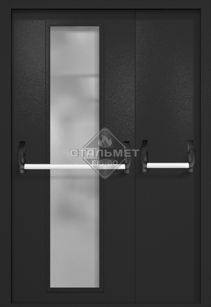 Полуторапольная противопожарная дверь EIW-60 RAL 9004, длинное узкое стекло, две ручки антипаника