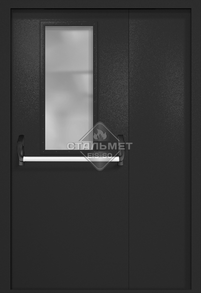 Полуторапольная противопожарная дверь EI-60 RAL 9004, узкое стекло, антипаника