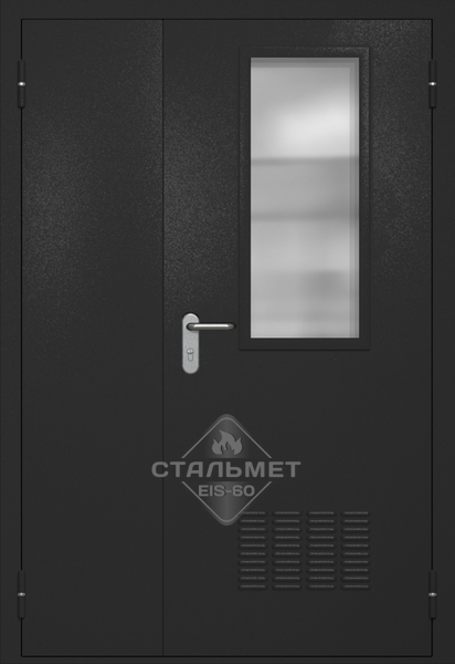 Полуторапольная техническая дверь RAL 9004, узкое стекло, вентиляция
