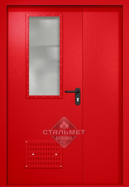 Полуторапольная техническая дверь RAL 3000, узкое стекло, вентиляция