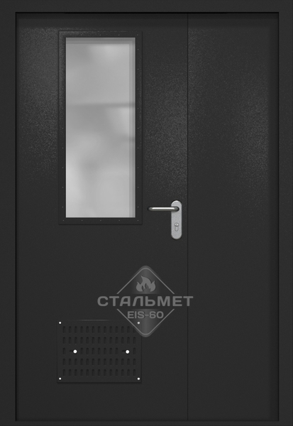 Полуторапольная техническая дверь RAL 9004, узкое стекло, вентиляция