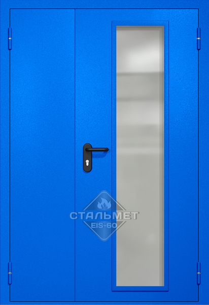 Полуторапольная противопожарная дверь EIW-60 RAL 5005, длинный узкий стеклопакет