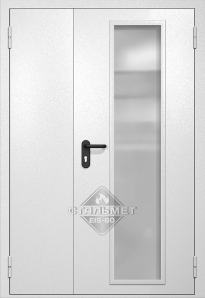 Полуторапольная противопожарная дверь EIW-60 RAL 9016, длинное узкое стекло, две ручки антипаника
