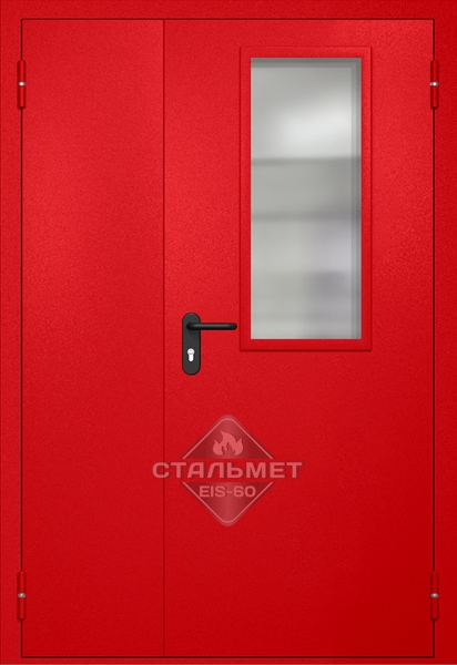 Полуторапольная противопожарная дверь EI-60 RAL 3000, узкое стекло, две ручки антипаника