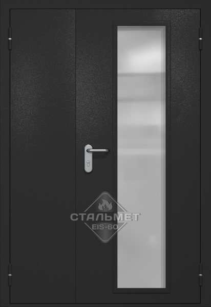 Полуторапольная противопожарная дверь EIW-60 RAL 9004, длинное узкое стекло, антипаника