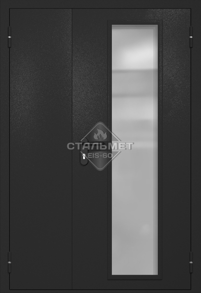 Полуторапольная противопожарная дверь EIW-60 RAL 9004, длинное узкое стекло, антипаника