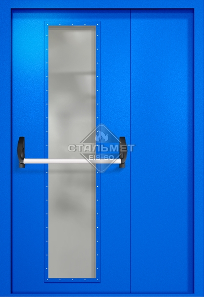 Полуторапольная противопожарная дверь EIW-60 RAL 5005, длинное узкое стекло, антипаника