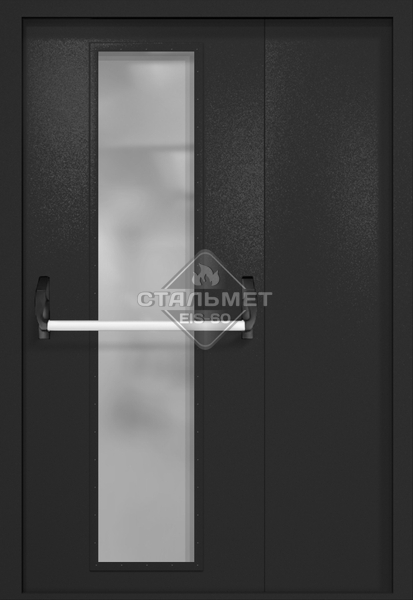 Полуторапольная противопожарная дверь EIW-60 RAL 9004, длинное узкое стекло, антипаника
