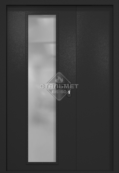 Полуторапольная противопожарная дверь EIW-60 RAL 9004, длинный узкий стеклопакет