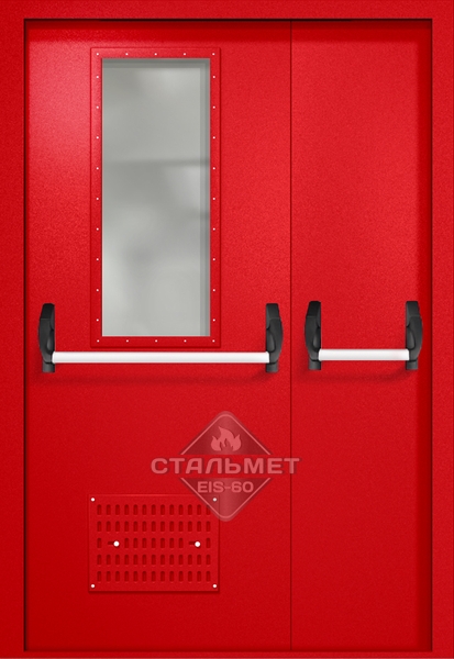 Полуторапольная техническая дверь RAL 3000, узкое стекло, две ручки антипаника, вентиляция