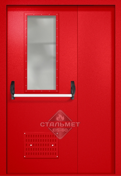 Полуторапольная техническая дверь RAL 3000, узкое стекло, антипаника, вентиляция