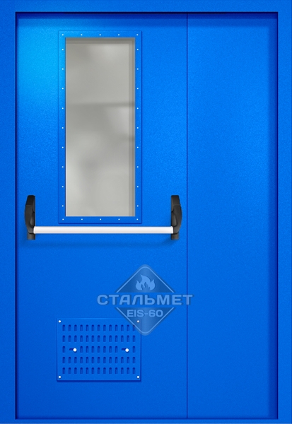 Полуторапольная техническая дверь RAL 5005, узкое стекло, антипаника, вентиляция