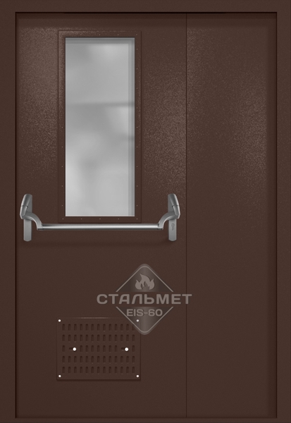 Полуторапольная техническая дверь RAL 8017, узкое стекло, антипаника, вентиляция