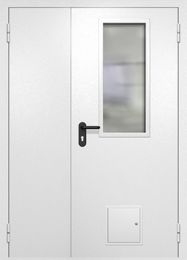 Полуторапольная противопожарная дверь EI-60 белая RAL 9016, узкое стекло, стыковочный узел