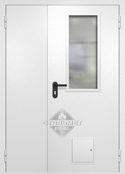 Полуторапольная противопожарная дверь EI-60 белая RAL 9016, узкое стекло, стыковочный узел