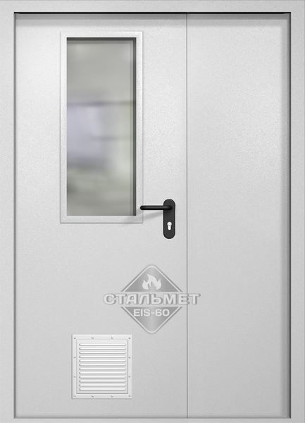 Полуторапольная противопожарная дверь EI-60 белая RAL 9016, узкое стекло, стыковочный узел